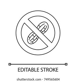 Forbidden sign with peanut linear icon. Groundnut free. Thin line illustration. Stop contour symbol. Vector isolated outline drawing. Editable stroke