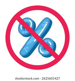 Forbidden sign with percent symbol, no percentage allowed sign, percentage prohibition sign, no discount allowed symbol