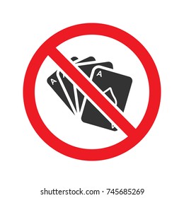 Forbidden sign with playing cards glyph icon. Stop silhouette symbol. No gambling prohibition. Negative space. Vector isolated illustration