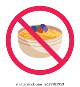 Forbidden sign with porridge icon, no porridge sign, oatmeal prohibition sign, flat icon design vector illustration