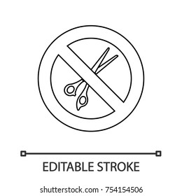 Forbidden sign with scissors linear icon. No cutting prohibition. Stop contour symbol. Thin line illustration. Vector isolated outline drawing. Editable stroke