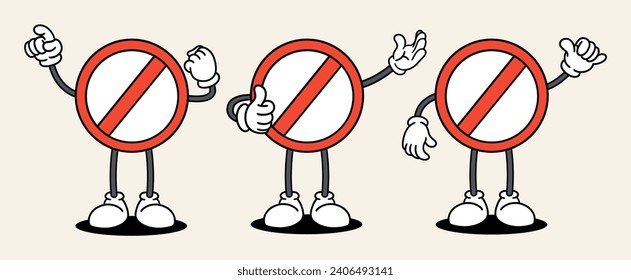 Forbidden sign set mascot of 70s groovy. Collection of cartoon,retro, groovy characters. Vector illustration.
