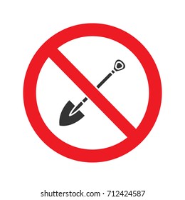 Forbidden sign with shovel glyph icon. Stop silhouette symbol. No digging prohibition. Negative space. Vector isolated illustration