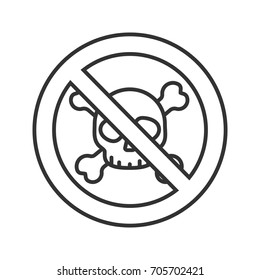 Forbidden sign with skull and crossbones linear icon. No chemical weapon prohibition. Danger thin line illustration. Stop contour symbol. Vector isolated outline drawing