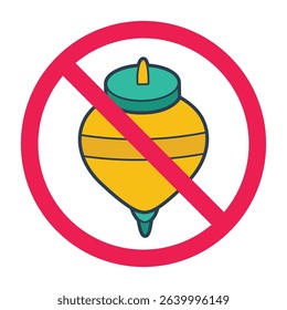 Forbidden sign with spin top toys icon, no spinning top allowed sign, top traditional toy prohibition sign, do not play spin top symbol