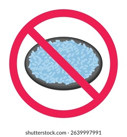 Forbidden sign with steamed blue rice icon, no blue rice allowed sign, blue rice prohibition sign, do not eat blue food symbol