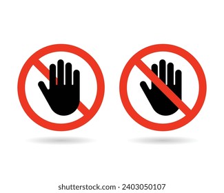 Forbidden sign with stop hand glyph icon. Signs off limits. Vector stop sign icon. No entry prohibition. Do not touch icon.