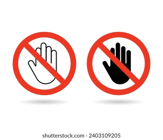 Forbidden sign with stop hand glyph icon. Signs off limits. Vector stop sign icon. No entry prohibition. Do not touch icon.