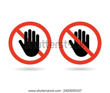 Forbidden sign with stop hand glyph icon. Signs off limits. Vector stop sign icon. No entry prohibition. Do not touch icon.