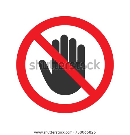 Forbidden sign with stop hand glyph icon. No entry prohibition. Do not touch. Silhouette symbol. Negative space. Vector isolated illustration