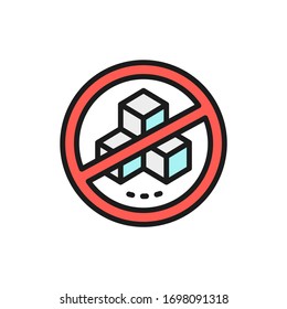 Forbidden sign with a sugar, no sweets flat color line icon.