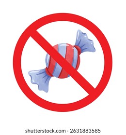 Forbidden sign with sweets candy icon, no sweet food allowed sign, candy prohibition symbol, do not eat candy sign