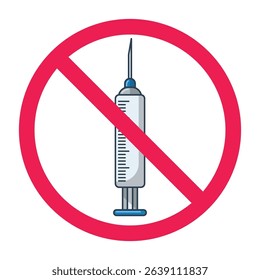 Forbidden sign with syringe icon, no vaccination sign, no drug injection sign,  syringe prohibition sign, stop drugs symbol