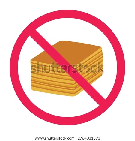 Forbidden sign with thousand layer cake icon, no sweet desserts sign, sugary cake prohibited symbol, high fat food warning, no rich pastry