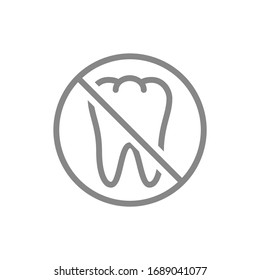 Forbidden sign with a tooth line icon. Transplantation, pull out a teeth, no tooth symbol