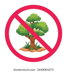 Forbidden sign with trees icon, no tree allowed sign, tree prohibition sign, do not plant trees symbol