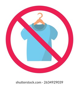 Sinal proibido com t-shirt no ícone de cabide, nenhum cabide de roupas permitido sinal, símbolo de proibição de cabide de roupas, não pendurar roupas, roupas penduradas proibidas