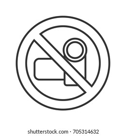 Forbidden sign with video camera linear icon. Thin line illustration. Videotaping prohibition. Stop contour symbol. Vector isolated outline drawing