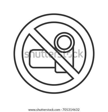 Forbidden sign with video camera linear icon. Thin line illustration. Videotaping prohibition. Stop contour symbol. Vector isolated outline drawing