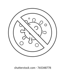 Forbidden sign with virus particle linear icon. Thin line illustration. Antiviral immunity. Prohibition circle. Stop contour symbol. Vector isolated outline drawing