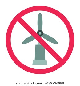 Forbidden sign with wind turbine icon, no wind turbine allowed sign, windmill prohibition sign, no renewable energy symbol