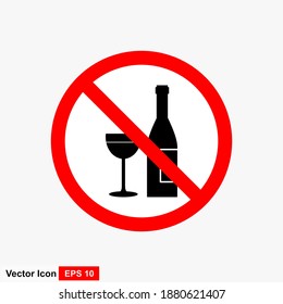 Forbidden sign with wine bottle and glass glyph icon. Stop silhouette symbol. No alcohol prohibition. Negative space. Vector isolated illustration