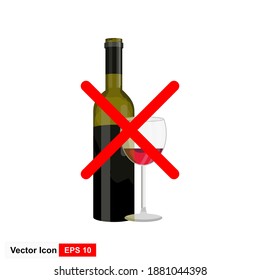 Forbidden sign with wine bottle and glass glyph icon. Stop silhouette symbol. No alcohol prohibition. Negative space. Vector isolated illustration