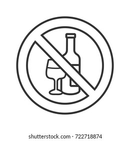 Forbidden sign with wine bottle and glass linear icon. Thin line illustration. No alcohol prohibition. Stop contour symbol. Vector isolated outline drawing
