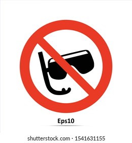 Forbidden signal with a diving goggles. Vector Illustration. Red prohibition sign. Stop symbol