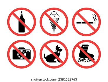 Forbidden signs with different designations flat symbols