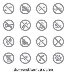 Forbidden Signs Icons. Gray Flat Design. Vector Illustration. 