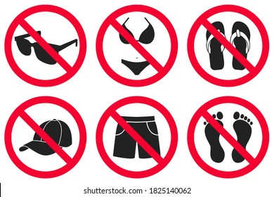 Forbidden signs: no caps, bikinis, shorts, no walking barefoot or slippers, no sunglasses. Set of vector symbols prohibiting the passage of people in beachwear. Elements controlling dress code.