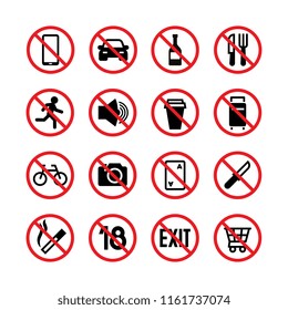 Forbidden signs. Prohibition and warning vector signal isolated icons. Stop camera and restriction running, no smoking illustration