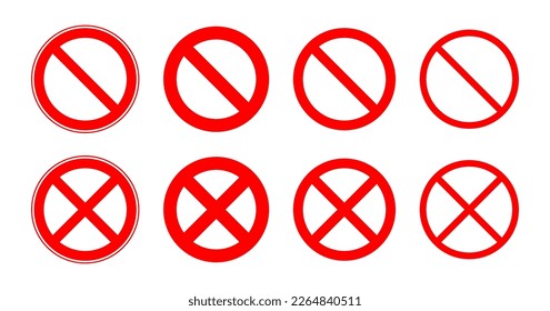 Forbidden signs set. Red round prohibition signs in different sizes. Crossed ban icons. Vector illustration.