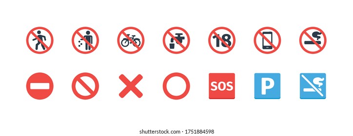 Forbidden Signs vector icons set. Prohibition symbols collection. Not allowed, No Smoking, Don't Litter, Don't Walking, SOS, Not Potable Water, No Entry, Not Mobile Phone Vector