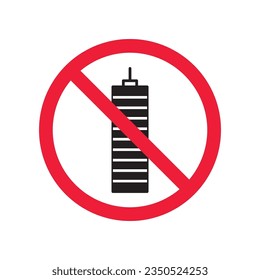 Forbidden skyscraper vector icon. Warning, caution, attention, restriction, label, ban, danger. No building flat sign design pictogram symbol. No city building icon