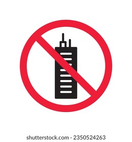 Forbidden skyscraper vector icon. Warning, caution, attention, restriction, label, ban, danger. No building flat sign design pictogram symbol. No city building icon