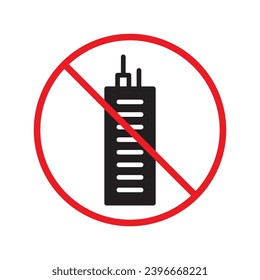 Forbidden skyscraper vector icon. Warning, caution, attention, restriction, label, ban, danger. No building flat sign design pictogram symbol. No city building icon UX UI