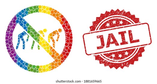 Forbidden slavery collage icon of spheric items in various sizes and LGBT color tinges, and Jail scratched rosette stamp. A dotted LGBT-colored Forbidden slavery for lesbians, gays,