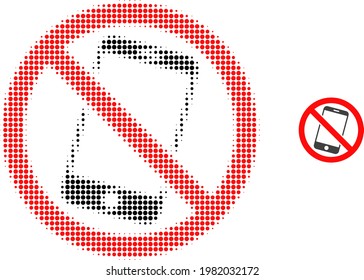 Forbidden smartphone halftone dotted icon illustration. Halftone pattern contains round dots. Vector illustration of forbidden smartphone icon on a white background.