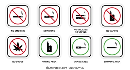 Forbidden Smoke Area Sign Set. Stop Smoke Area Prohibited Pictogram. Ban Zone Smoke Cannabis Drug Vaping Electronic Cigarette Silhouette Icon. Allow Smoking Green Sign. Isolated Vector Illustration.