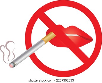 It is forbidden to smoke a cigarette in the mouth. Red lips and a cigarette. Smoking is harmful to health. Vector illustration.