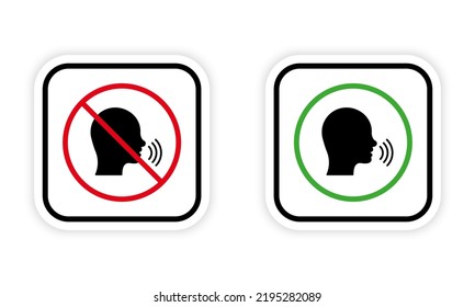 Forbidden Speak Zone Red Round Sign. Man Talk Black Silhouette Icon Set. Allowed Speak Area Shout Green Symbol. Please Keep Silence. Ban Warning No Loud Noise. Isolated Vector Illustration.