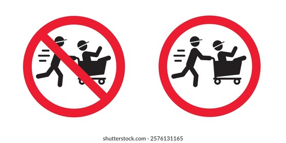 Forbidden speed, running, fast happy people in supermarket pushcart. Carrying her friend in hopping cart or trolley. Pushing shopping cart and run. Running with handcart with man. Fast or playing kids