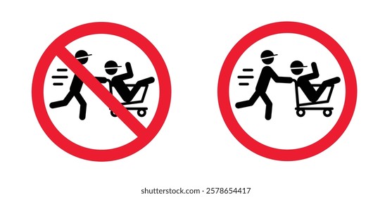 Forbidden speed, running, fast happy people in supermarket pushcart. Carrying her friend in hopping cart or trolley. Pushing shopping cart and run. Running with handcart with man. Fast or playing kids