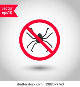 Forbidden spider icon. No bugs icon. Prohibited insects vector icon. Warning, caution, attention, restriction, danger flat sign design. Warning wild insect sign
