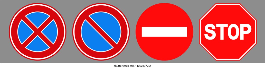 Forbidden stop roadsign icon set designed with simple style. Flat forbidden stop roadsign symbol collection. Control and rules pictograms are isolated on a gray background.