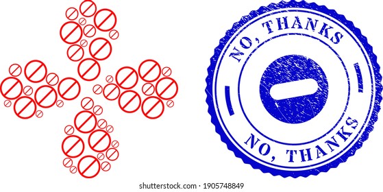 Forbidden swirl flower shape, and blue round NO, THANKS grunge stamp seal with icon inside. Object flower with 4 petals created from oriented forbidden items. Vector flower collage in flat style.