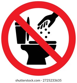 Forbidden symbol depicting not to throw garbage into the toilet bowl with a hand symbol inside a red circle with a diagonal line