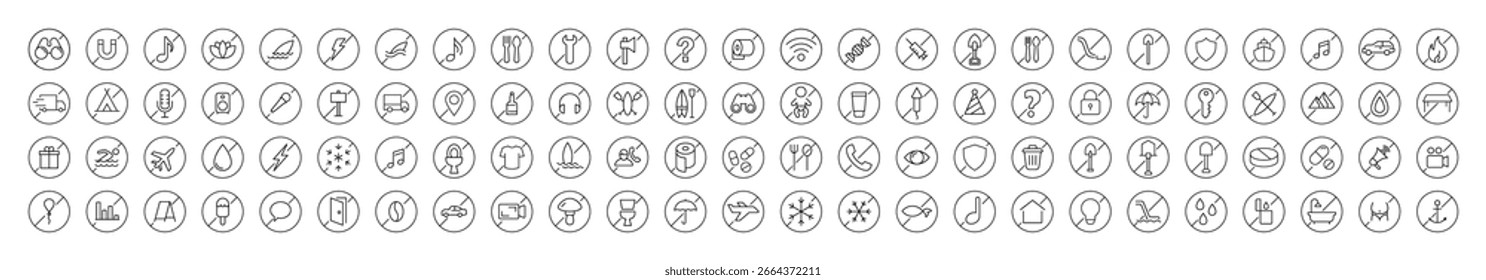 Conjunto de ícones de linha fina proibido. Outline Signs para Gráficos e Web Design, Apps, Anúncios, Vários Cartões